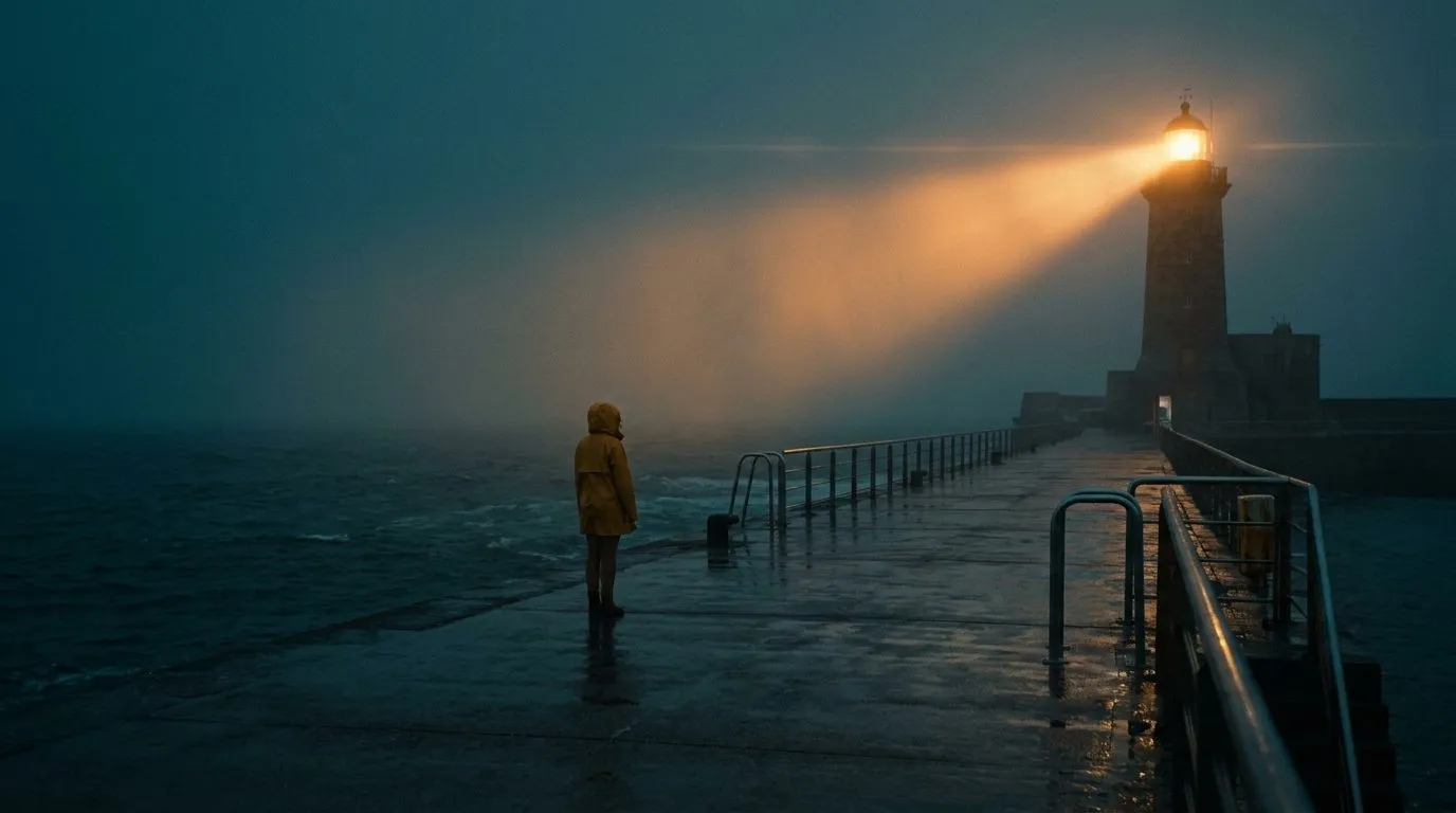 Generated still: a woman in a yellow raincoat on a pier under a lighthouse beam
